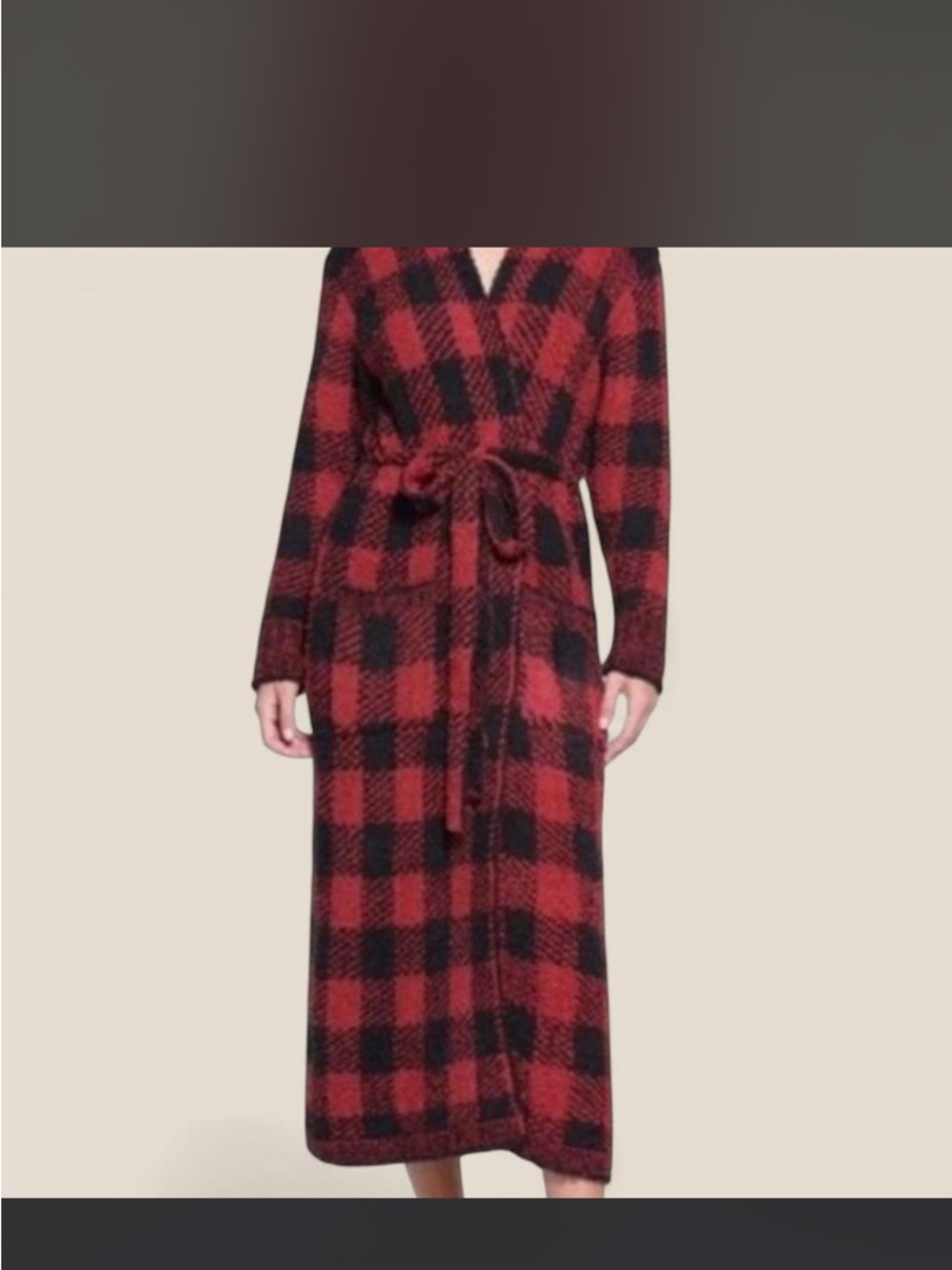 SKIMS Red and Black Plaid Long Wrap Robe with Tie